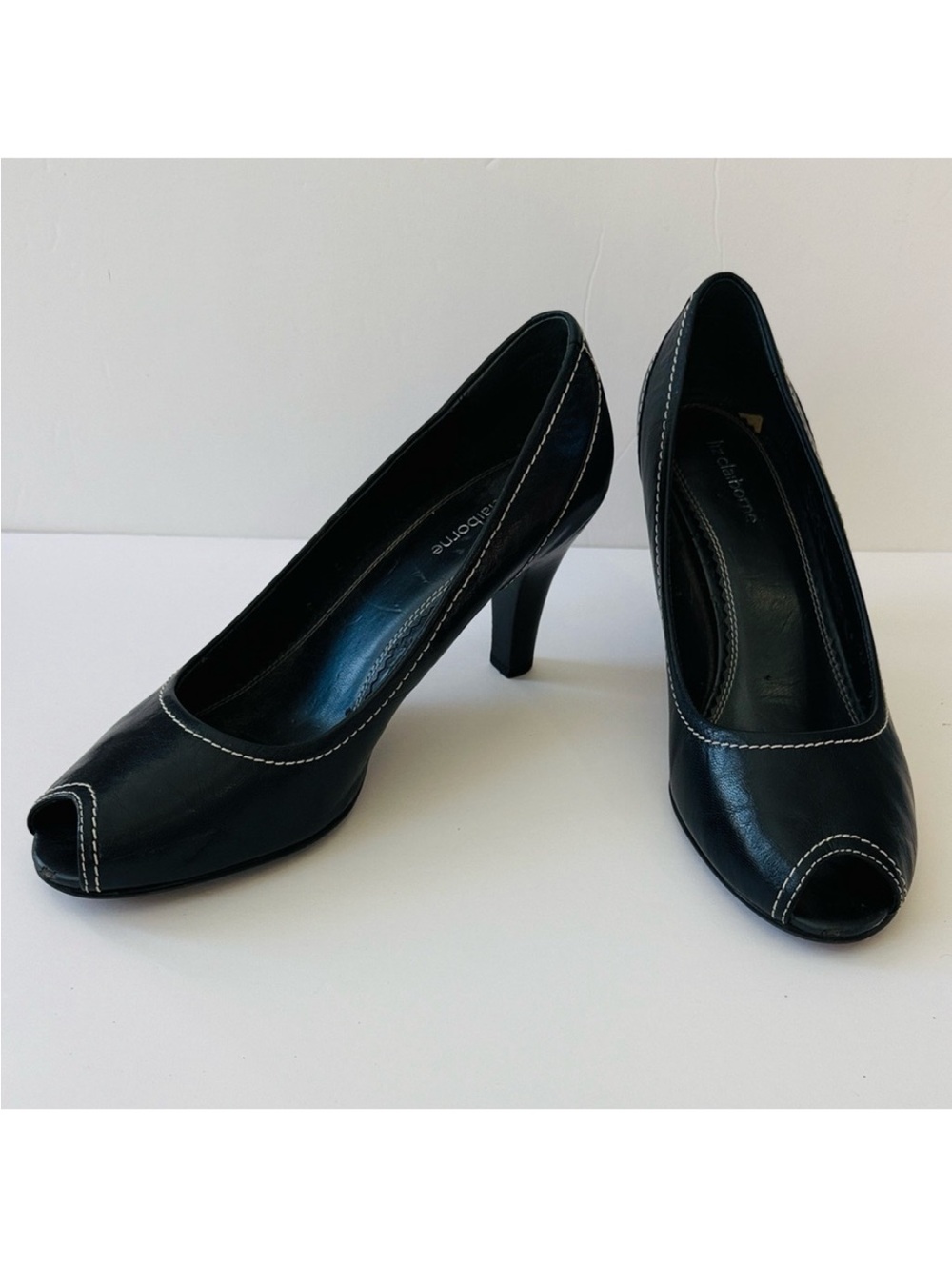 Liz Claiborne Navy Peep-Toe Deltona Heels With White Stitching Leather Upper- 9